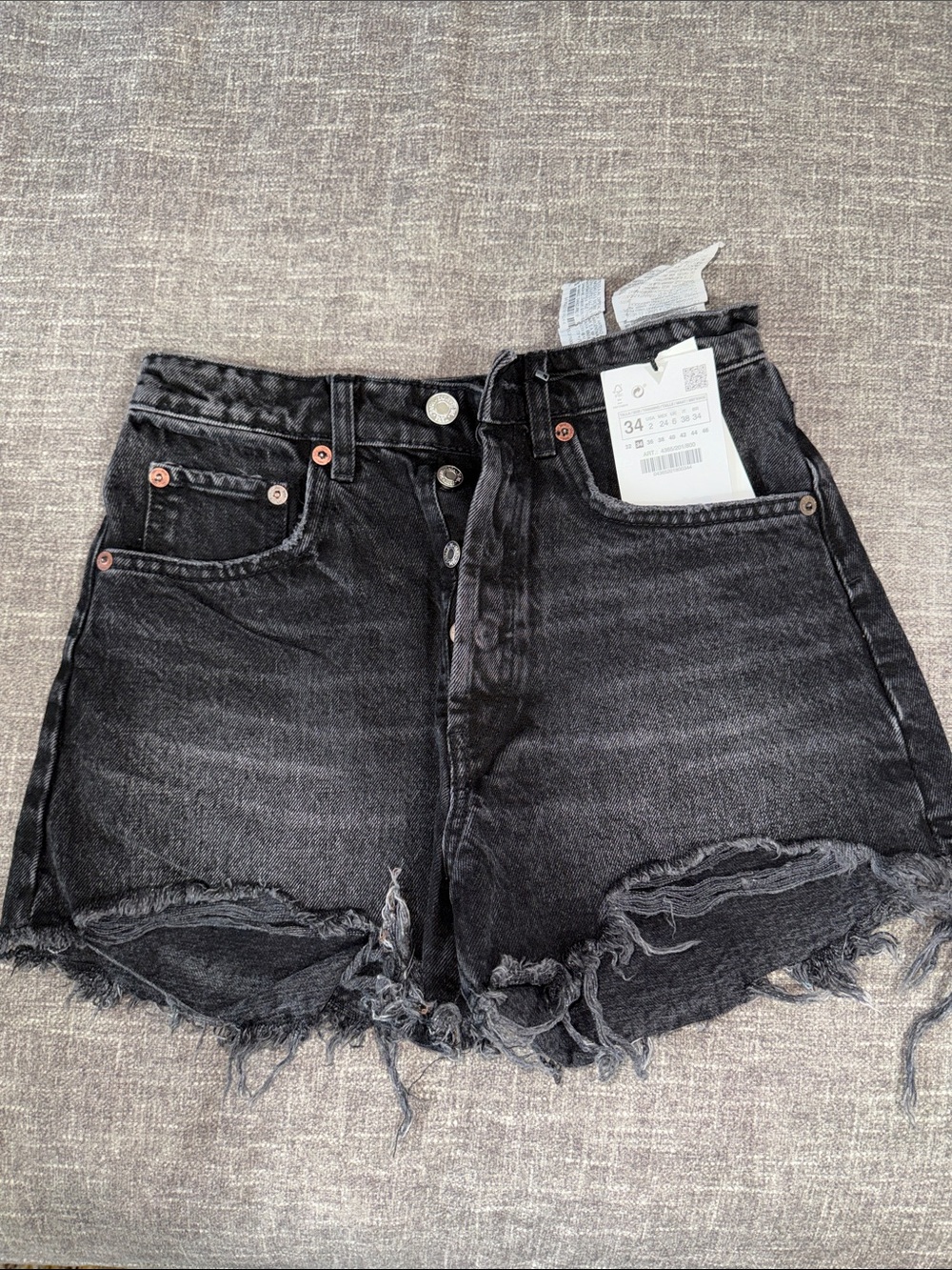 Zara Black Washed Distressed High-Waist Denim Shorts